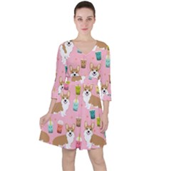 Corgi Bubble Boba Tea Pink Pattern Quarter Sleeve Ruffle Waist Dress by Cendanart