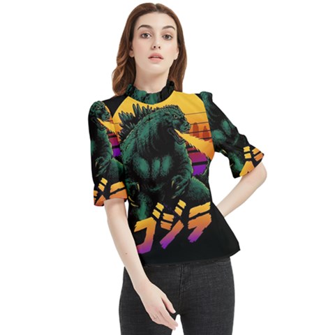Godzilla Retrowave Frill Neck Blouse by Cendanart