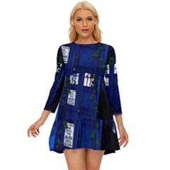 Stuck Tardis Beach Doctor Who Police Box Sci-fi Long Sleeve Babydoll Dress by Cendanart