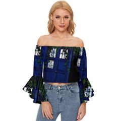 Stuck Tardis Beach Doctor Who Police Box Sci-fi Off Shoulder Flutter Bell Sleeve Top by Cendanart