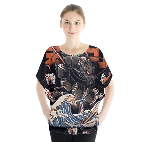 Sushi Dragon Japanese Batwing Chiffon Blouse by Bedest