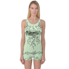 Illustration Of Butterflies And Flowers Ornament On Green Background One Piece Boyleg Swimsuit by Ket1n9