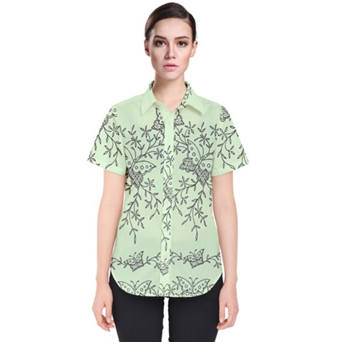 Illustration Of Butterflies And Flowers Ornament On Green Background Women s Short Sleeve Shirt by Ket1n9