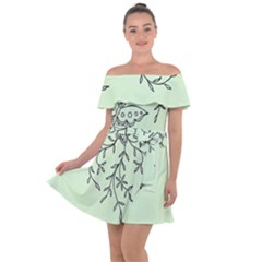 Illustration Of Butterflies And Flowers Ornament On Green Background Off Shoulder Velour Dress