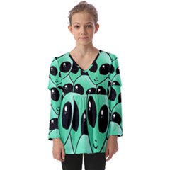 Art Alien Pattern Kids  V Neck Casual Top by Ket1n9