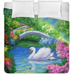 Swan Bird Spring Flowers Trees Lake Pond Landscape Original Aceo Painting Art Duvet Cover Double Side (king Size) by Ket1n9