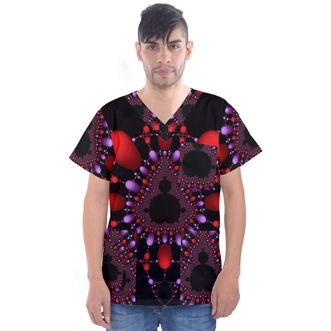 Fractal Red Violet Symmetric Spheres On Black Men s V-neck Scrub Top by Ket1n9