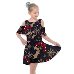 Christmas Pattern With Snowflakes Berries Kids  Shoulder Cutout Chiffon Dress