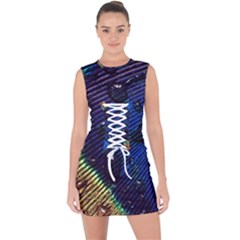 Peacock Feather Retina Mac Lace Up Front Bodycon Dress by Ket1n9