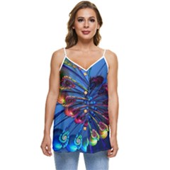 Top Peacock Feathers Casual Spaghetti Strap Chiffon Top by Ket1n9