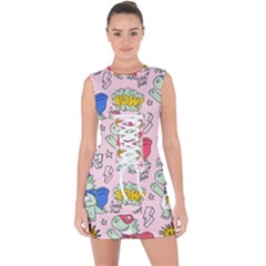 Seamless Pattern With Many Funny Cute Superhero Dinosaurs T-rex Mask Cloak With Comics Style Inscrip Lace Up Front Bodycon Dress by Ket1n9