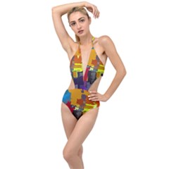 Abstract Vibrant Colour Plunging Cut Out Swimsuit by Ket1n9