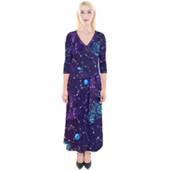 Realistic Night Sky Poster With Constellations Quarter Sleeve Wrap Maxi Dress