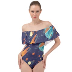 Space Galaxy Planet Universe Stars Night Fantasy Off Shoulder Velour Bodysuit  by Ket1n9