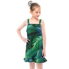 Tropical Green Leaves Background Kids  Overall Dress