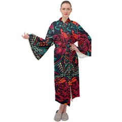 Vintage Flash Tattoos Designs Seamless Pattern Maxi Velvet Kimono