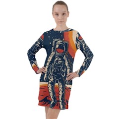 Vintage Retro Space Posters Astronaut Long Sleeve Hoodie Dress by Sarkoni