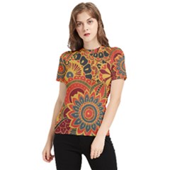 Bright Seamless Pattern With Paisley Mehndi Elements Hand Drawn Wallpaper With Floral Traditional In Women s Short Sleeve Rash Guard