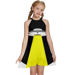 Ufo Flying Saucer Extraterrestrial Kids  Halter Collar Waist Tie Chiffon Dress by Cendanart