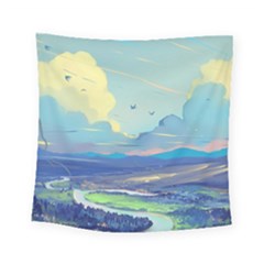 Mountains And Trees Illustration Painting Clouds Sky Landscape Square Tapestry (small) by Cendanart