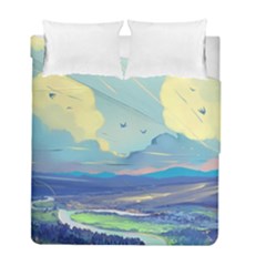 Mountains And Trees Illustration Painting Clouds Sky Landscape Duvet Cover Double Side (full/ Double Size)