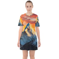 Snow Capped Mountain Himalayas Clouds Landscape Nature Sixties Short Sleeve Mini Dress by Cendanart