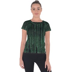 Green Matrix Code Illustration Digital Art Portrait Display Short Sleeve Sports Top  by Cendanart