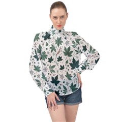 Leaves Nature Bloom High Neck Long Sleeve Chiffon Top