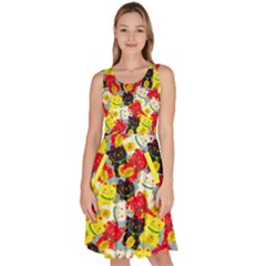 Lucky Kitty Cats Red & Yellow Knee Length Skater Dress With Pockets