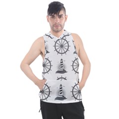 Marine Nautical Seamless Pattern With Vintage Lighthouse Wheel Men s Sleeveless Hoodie by Bedest