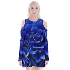 Blue Roses Flowers Plant Romance Blossom Bloom Nature Flora Petals Velvet Long Sleeve Shoulder Cutout Dress by Bedest