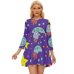 Card With Lovely Planets Long Sleeve Babydoll Dress