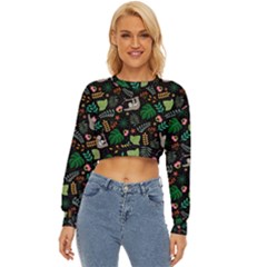 Floral Pattern With Plants Sloth Flowers Black Backdrop Lightweight Long Sleeve Sweatshirt by Bedest