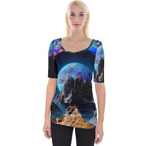 Aesthetic Psychedelic Drawings Art Acid Space Wide Neckline T-shirt by Cendanart