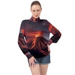 Volcanic Eruption High Neck Long Sleeve Chiffon Top by Proyonanggan