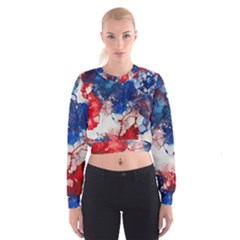 Red White And Blue Alcohol Ink American Patriotic  Flag Colors Alcohol Ink Cropped Sweatshirt by PodArtist