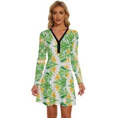 Green Pattern Retro Wallpaper Long Sleeve Deep V Mini Dress  by Bajindul