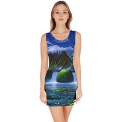 Flamingo Paradise Scenic Bird Fantasy Moon Paradise Waterfall Magical Nature Bodycon Dress by Ndabl3x