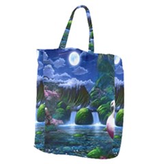 Flamingo Paradise Scenic Bird Fantasy Moon Paradise Waterfall Magical Nature Giant Grocery Tote by Ndabl3x