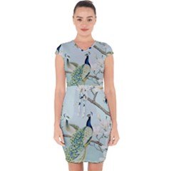 Couple Peacock Bird Spring White Blue Art Magnolia Fantasy Flower Capsleeve Drawstring Dress 