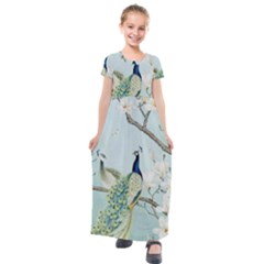 Couple Peacock Bird Spring White Blue Art Magnolia Fantasy Flower Kids  Short Sleeve Maxi Dress by Ndabl3x