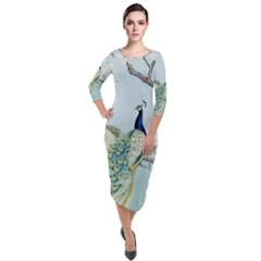 Couple Peacock Bird Spring White Blue Art Magnolia Fantasy Flower Quarter Sleeve Midi Velour Bodycon Dress