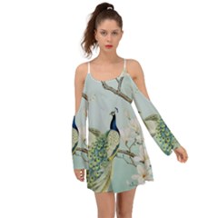 Couple Peacock Bird Spring White Blue Art Magnolia Fantasy Flower Boho Dress