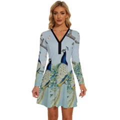 Couple Peacock Bird Spring White Blue Art Magnolia Fantasy Flower Long Sleeve Deep V Mini Dress 