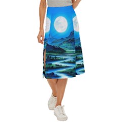 Bright Full Moon Painting Landscapes Scenery Nature Midi Panel Skirt by Ndabl3x