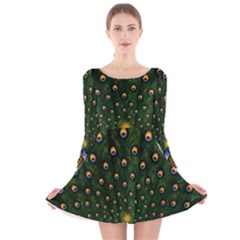 Peacock Feathers Tail Green Beautiful Bird Long Sleeve Velvet Skater Dress by Ndabl3x