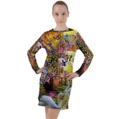 Garden Of Paradise Butterfly Swan Bird Painting Gazebo, Peacock Flower Long Sleeve Hoodie Dress