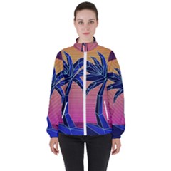 Abstract 3d Art Holiday Island Palm Tree Pink Purple Summer Sunset Water Women s High Neck Windbreaker by Cemarart