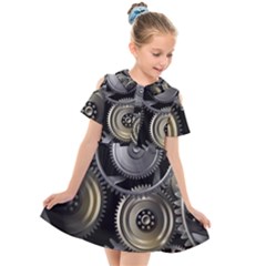 Abstract Style Gears Gold Silver Kids  Short Sleeve Shirt Dress