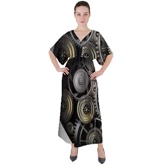 Abstract Style Gears Gold Silver V-neck Boho Style Maxi Dress by Cemarart